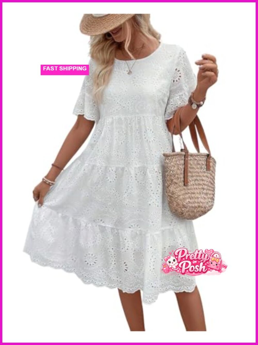 Lace Eyelet Short Sleeve Tiered Midi Dress Ruffle Hem Babydoll